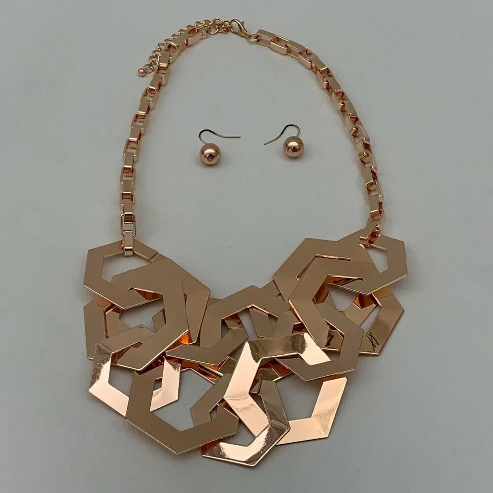 Statement Necklace and‎ Earrings Set Rose Gold-tone Metal Chain